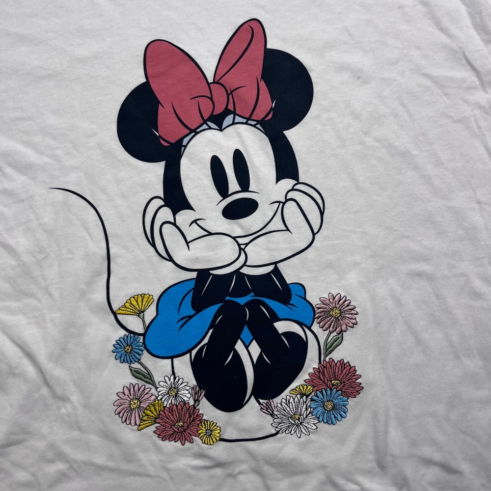 Disney Minnie Mouse Floral Graphic White Short Sleeve T-Shirt IESJCQ1-4L17 - Picture 2 of 7